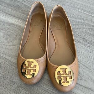 Tory Burch Brown Leather Loafers with Gold Emblem